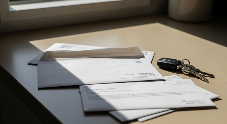An unopened business envelope and several official-looking letters sit in a stack on a kitchen counter beside a set of house keys.