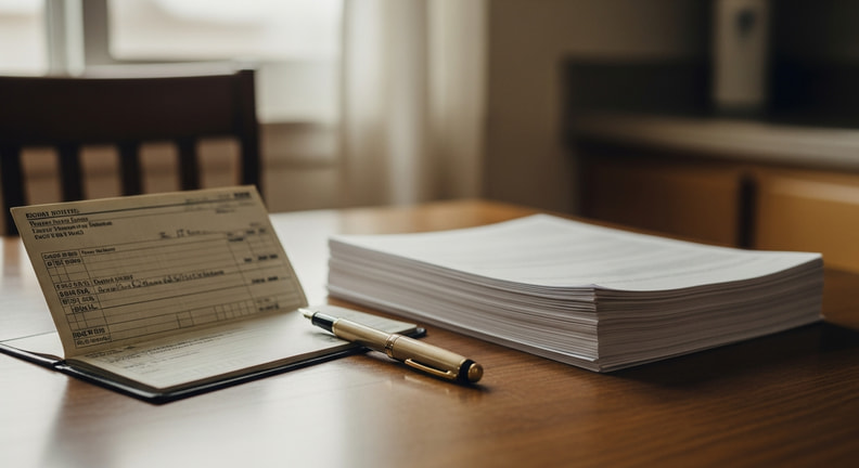 An open checkbook and a pen rest on a kitchen table beside a thick stack of printed pages, photographed at a low angle in soft window light.