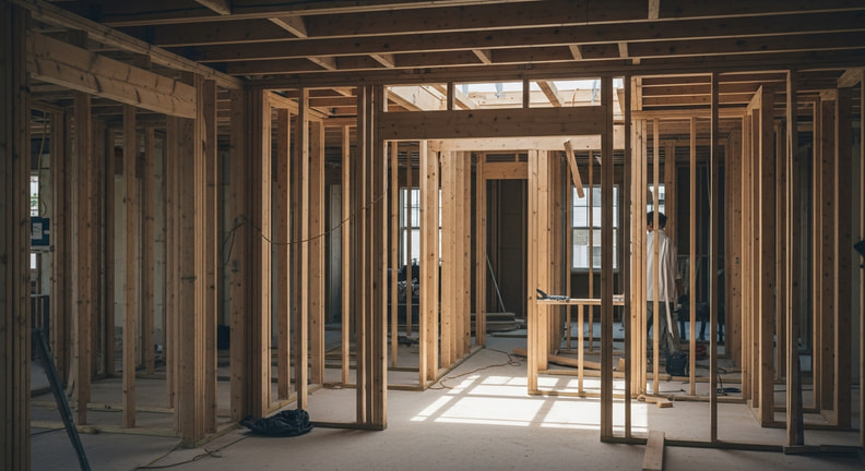 Newly completed lumber framing inside a residential remodel, with daylight coming through the studs and the floor swept clean.