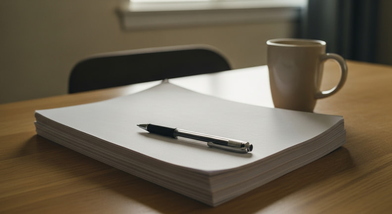 A thick stack of printed pages left on a kitchen table with a pen lying across it and a mug beside it in early daylight.