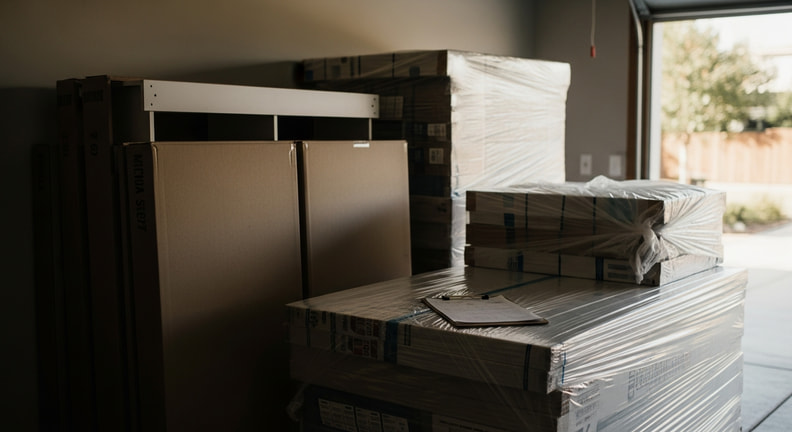 Flat-packed cabinet boxes and stacked building materials wrapped in protective plastic wait in a garage, with a clipboard resting on top of the nearest stack.