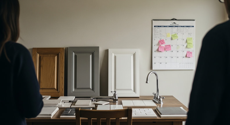 Cabinet door samples, tile and faucets laid out on a table beneath a paper wall calendar marked with colored sticky notes.