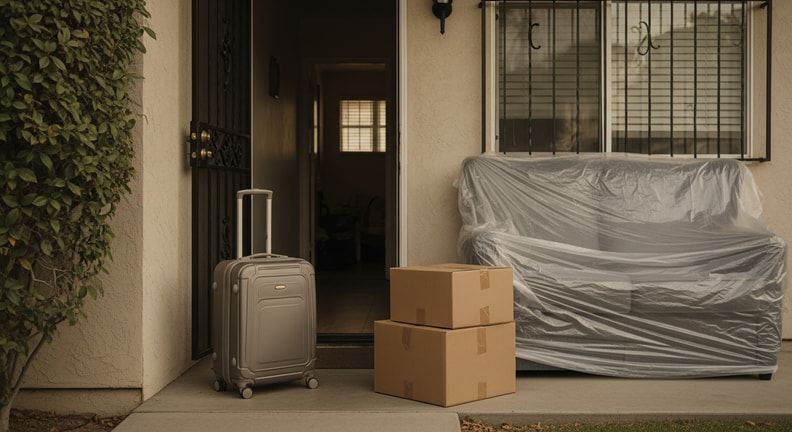 A suitcase and two packing boxes stand at the front door of a house, with furniture wrapped in plastic sheeting beside them.