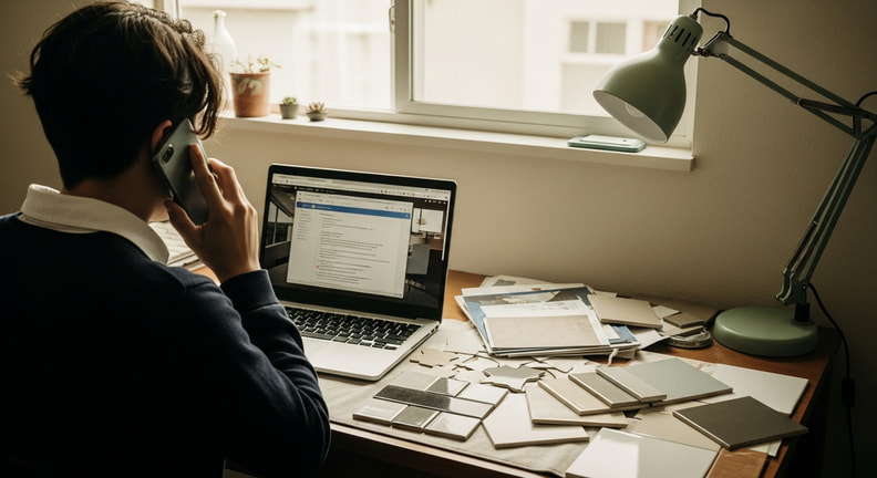 A person works at a home desk during the day with a phone held to one ear and tile and finish samples spread across the desk in front of them.
