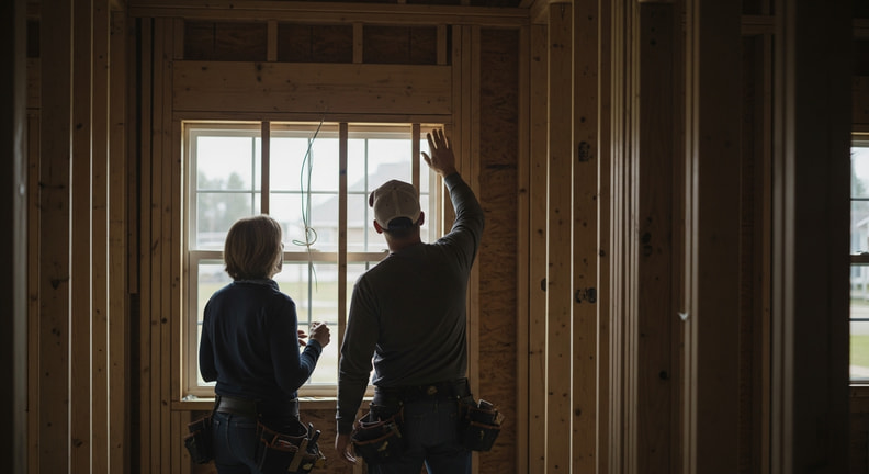 A homeowner and a contractor stand together inside a partly framed room, both looking at the same section of wall while the contractor explains something.