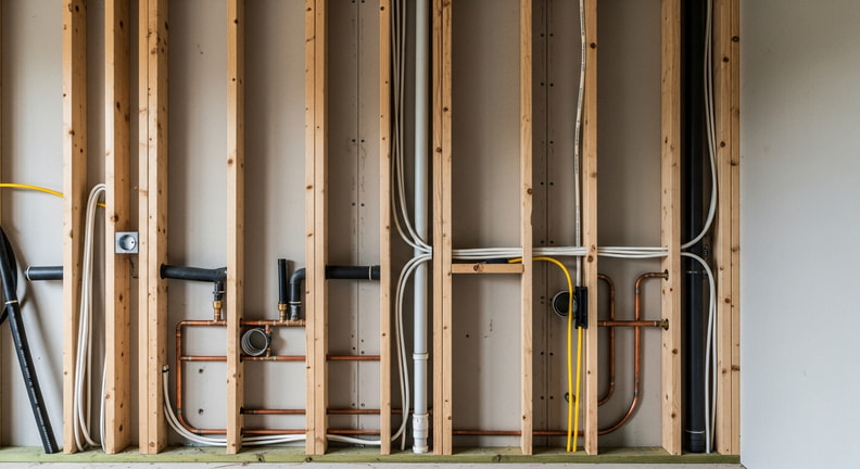 An open stud wall with new plumbing pipes and electrical cable runs clearly visible before insulation and drywall are installed, photographed straight on in work light.