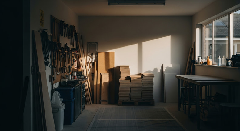 A tidy work area at the end of a day with tools stored against one wall, materials stacked neatly and swept floors with protective covering in place.