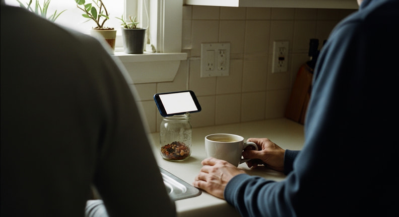 A phone propped upright on a kitchen counter is read over a morning coffee, with two people standing at the counter beside it.