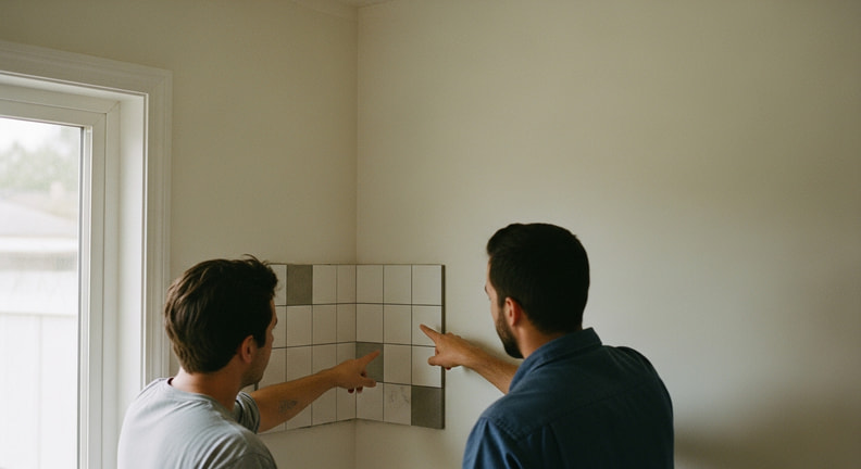 Two people stand at a partly tiled wall on a quiet job site, both pointing at the same tile at the corner.
