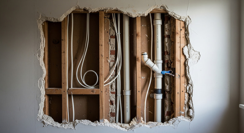 An opened interior wall reveals older plumbing and wiring running between the studs, photographed in work light with the cut edge of the plaster visible.