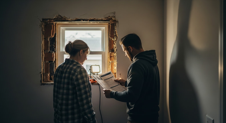A homeowner and a contractor stand beside an opened section of wall, both looking at a printed document the contractor is holding up between them.