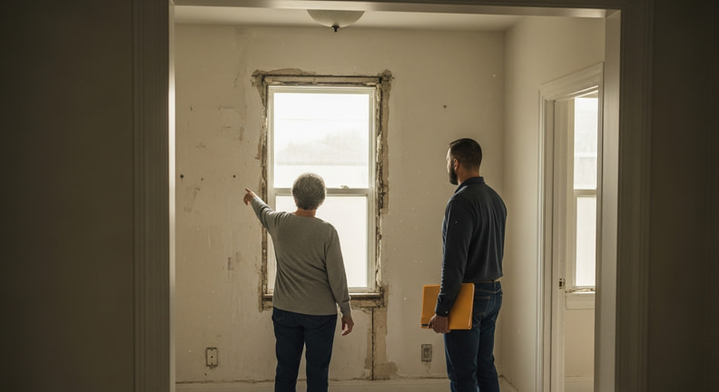 A homeowner points at a window opening in a stripped, partly demolished room while a builder stands listening with a folder under one arm.