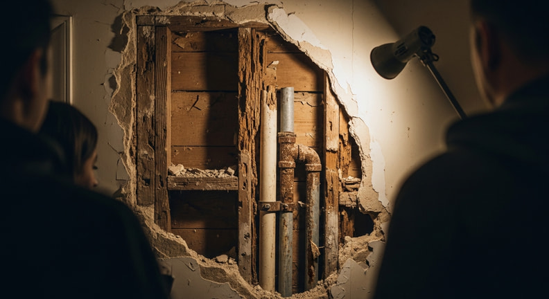 Rotted lumber framing and corroded old plumbing revealed behind an opened wall under a work light, with two people looking on from the edge of the frame.