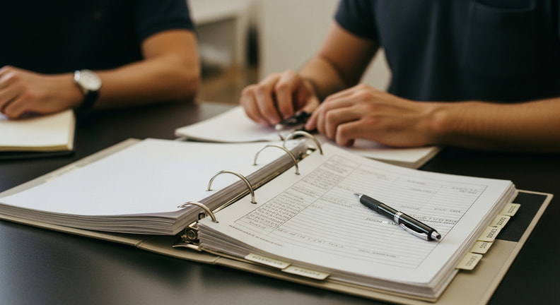 A ring binder lies open on a table with tabbed dividers and a pen resting on the page, while two people work through the paperwork.