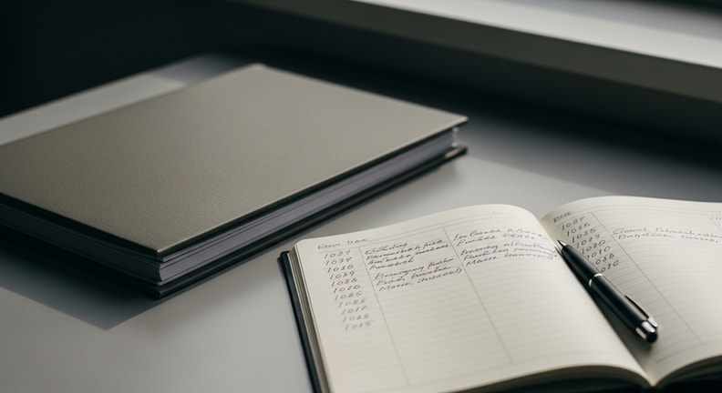 A calm, organized desk with a folder of documents, a notebook with dated handwritten entries, and a pen resting on top, in quiet daylight.