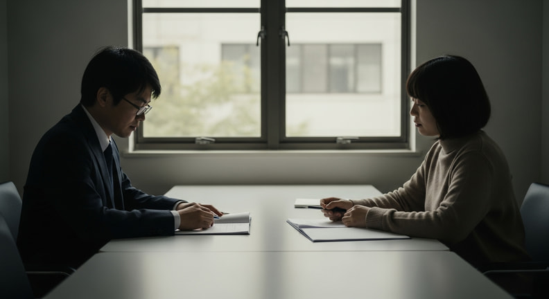 Two people sit across a table in a plain meeting room with documents laid out between them, in an even-tempered discussion.