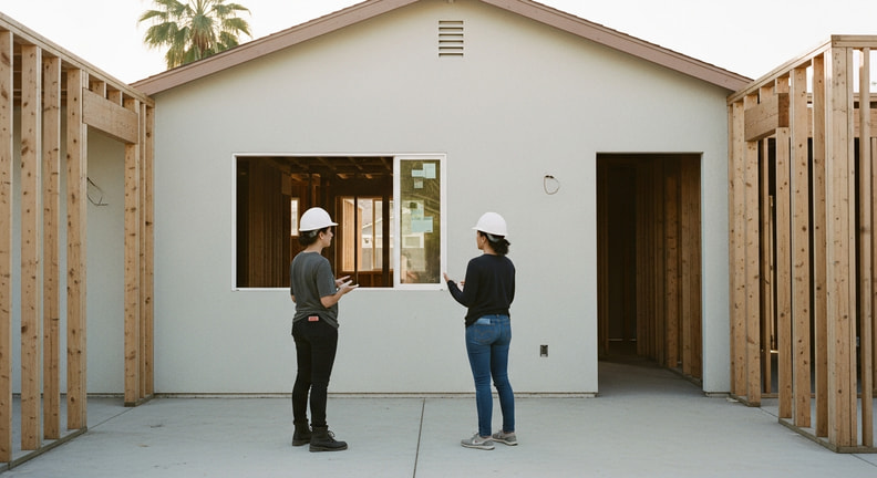 Two people stand a short distance apart on a quiet unfinished job site, talking beside a window opening in a partly framed house, both seen from behind.