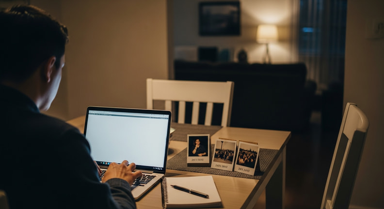 A person types at a laptop at a dining table in lamplight, with small printed photographs and a notebook set out beside them.