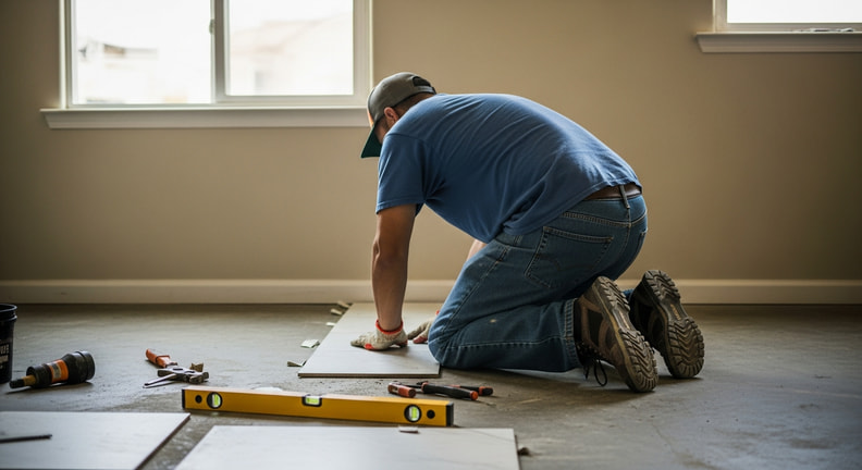 A tradesperson kneels to re-lay a section of floor tiling, with hand tools and a level laid out on the floor beside them.