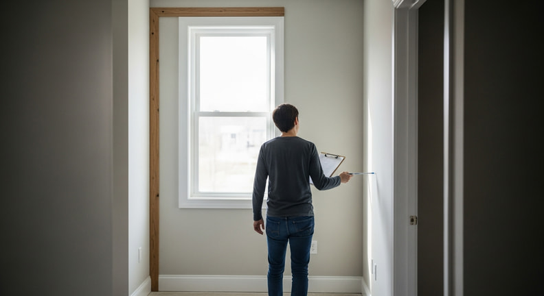 A person walks slowly through a newly finished room holding a clipboard, examining the junction where new trim meets the wall in bright daylight.