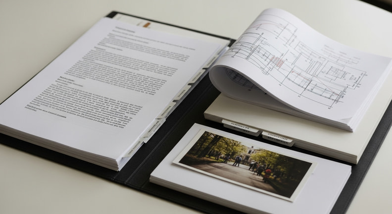 An organized document folder lying open on a table with labeled dividers, printed pages, a set of drawings and photographs neatly arranged inside.