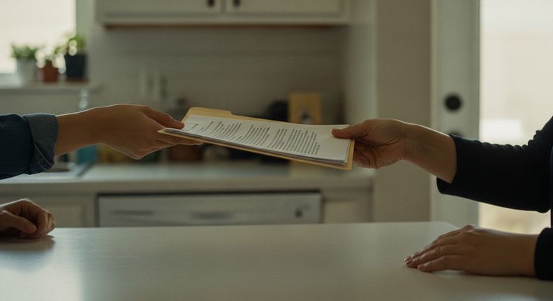 A document folder is handed across a kitchen counter between two people, with both hands visible and the faces out of frame.