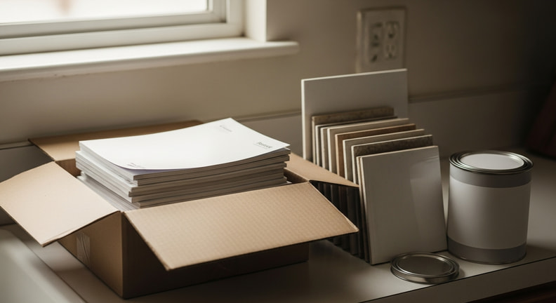 An open cardboard box on a kitchen counter holding stacked manuals and booklets, with spare tiles standing on edge and a paint tin beside it.