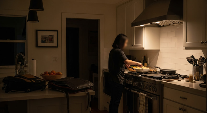 A finished remodeled kitchen in ordinary evening use, with someone cooking at the range seen from behind and bags and fruit left on the counter.