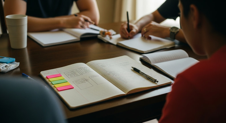 A lined notebook open on a table with colored sticky tabs marking sections and a pen resting across the page, while two people make notes at the same table.