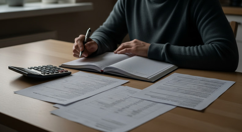 A person sits at a kitchen table in evening light with a notebook, a calculator and several printed pages spread out, working through figures by hand.