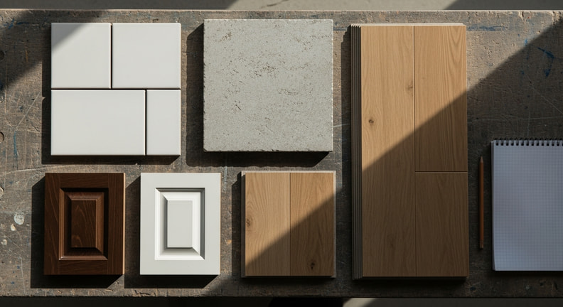 An overhead view of tile, stone, wood flooring and cabinet-door samples laid out together on a work surface beside a notebook, showing several different material qualities side by side.