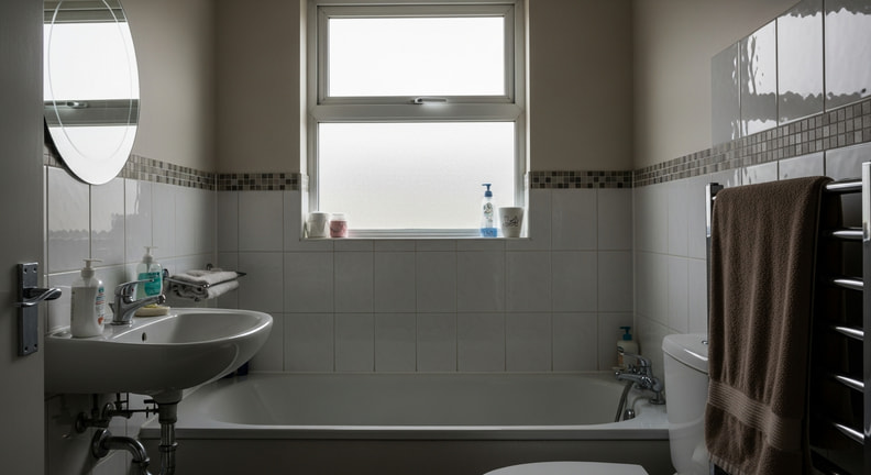 A finished, modest, clean bathroom with simple tiling and ordinary fixtures, photographed in daylight — complete and in use rather than styled for a magazine.