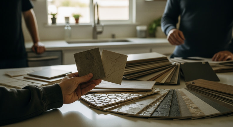 Tile, stone and laminate samples fanned out across a kitchen counter, with two of them held side by side in one hand for comparison.