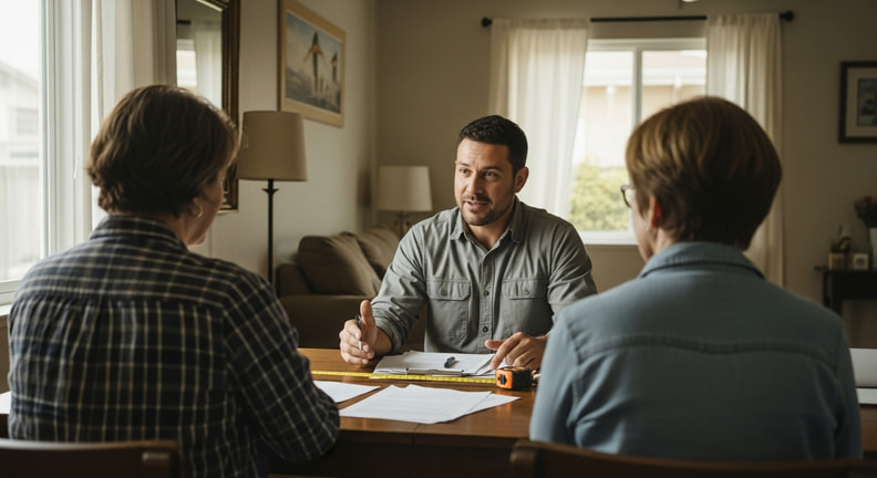 Two homeowners sit at a dining table opposite a builder in an ordinary work shirt, with loose papers and a tape measure between them, photographed from behind the homeowners.