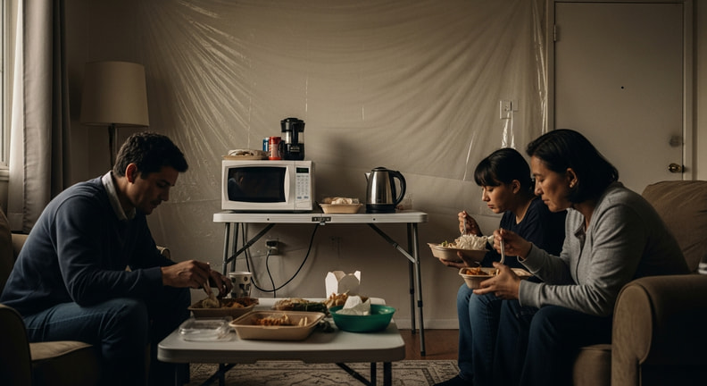 An evening meal eaten from takeout containers in a living room, with a microwave and kettle set up on a folding table against a wall of plastic sheeting.