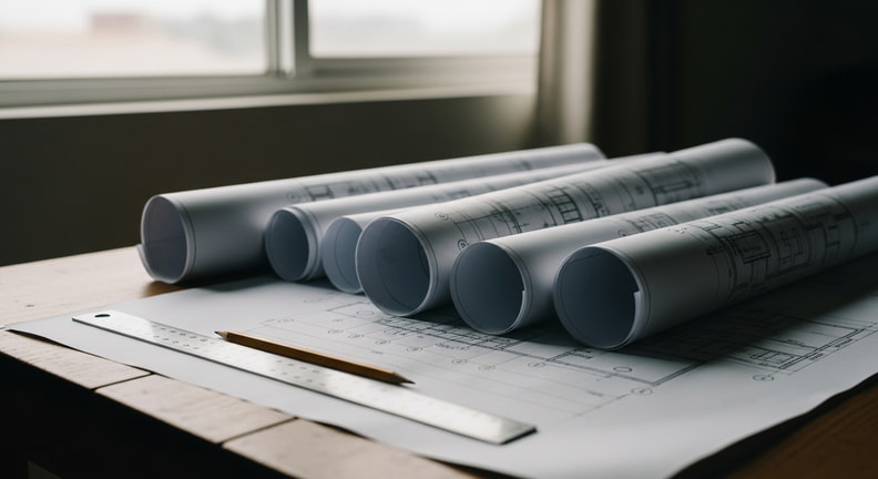 Rolled and flat architectural drawings spread across a table beside a scale ruler and a pencil, with a window and ordinary daylight behind them.