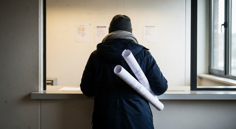 Seen from behind, a person in a winter coat waits at a plain public service counter in a municipal building, carrying two rolled sets of drawings under one arm.