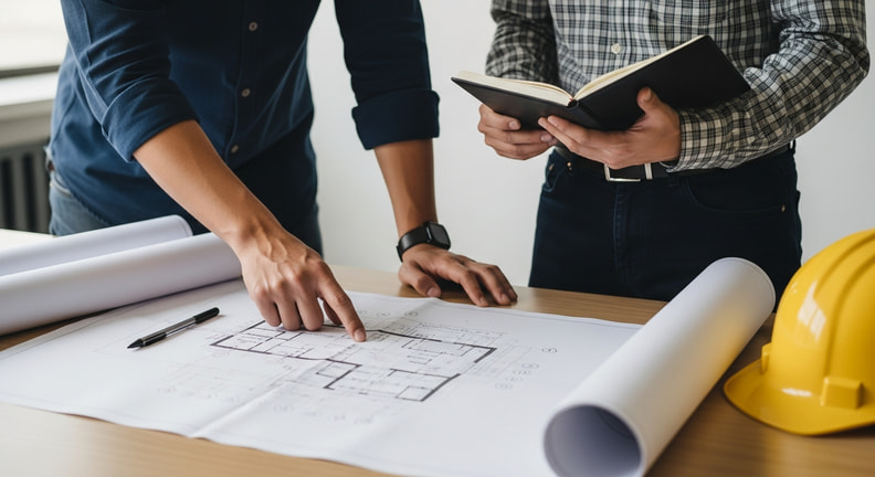 Two people stand at a table looking down at the same set of construction drawings, one pointing at a detail while the other holds a notebook.