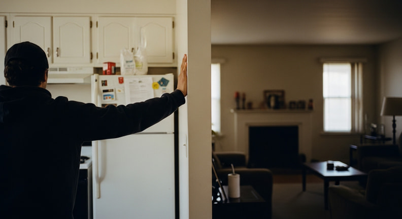 A person stands with one hand flat against the wall dividing a kitchen from a living room, looking along it, seen from behind.