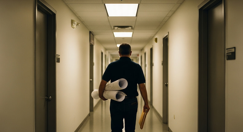 A person walks away down a plain municipal office corridor carrying a rolled set of large drawings under one arm and a document folder in the other hand.