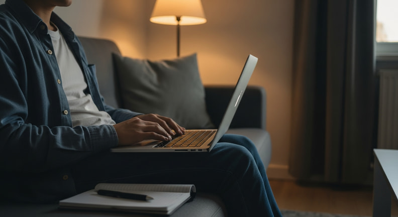 A homeowner sits on a sofa in the evening scrolling on a laptop with a notepad beside them, the screen turned away so nothing on it is legible.