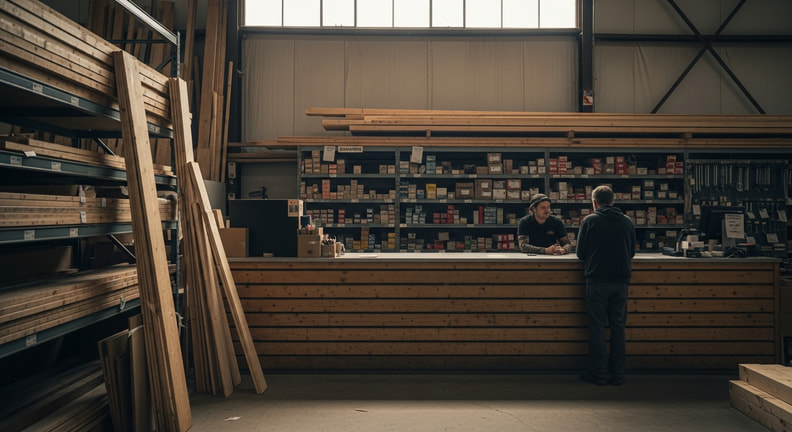 A busy trade counter inside a building-materials supplier, with stacked lumber and boxed hardware behind it and a member of staff talking with a customer across the counter.