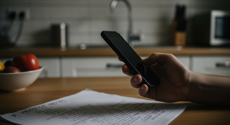 A close view of a phone held in one hand with a handwritten page of project notes on the table beside it, the phone screen angled away and unreadable.