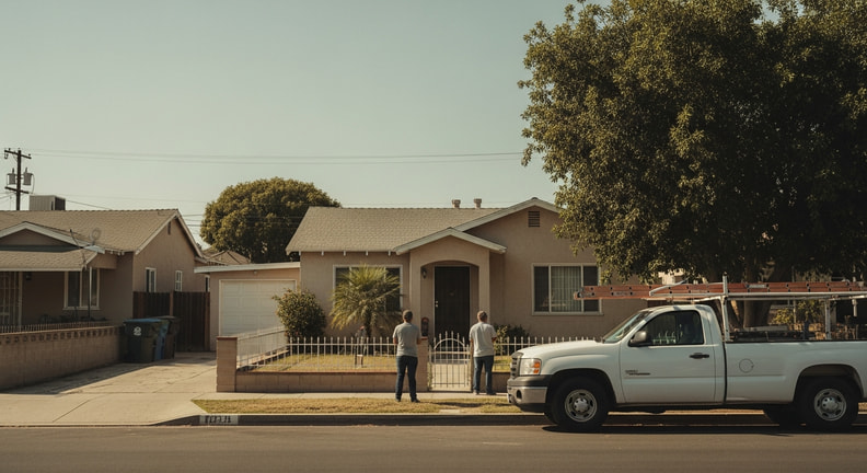 An unmarked white pickup truck with ladders on a roof rack parked at the curb outside a modest single-story house, with two people talking at the front gate.