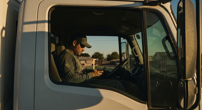 A builder in work clothes sits in the cab of a truck at the end of the day, looking down at a phone, photographed from outside through the open window.