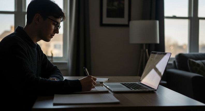 A person sits at a desk with a laptop open and a notepad beside it, writing down details while checking information online, the screen angled away and unreadable.