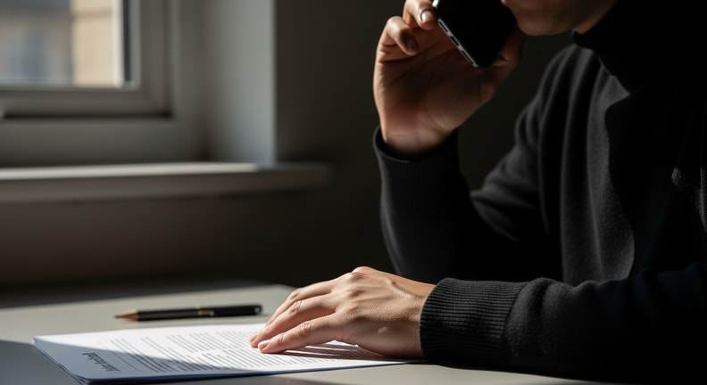 A hand holds a phone to one ear while the other hand rests on a printed document on a desk, in the middle of making a verification call.