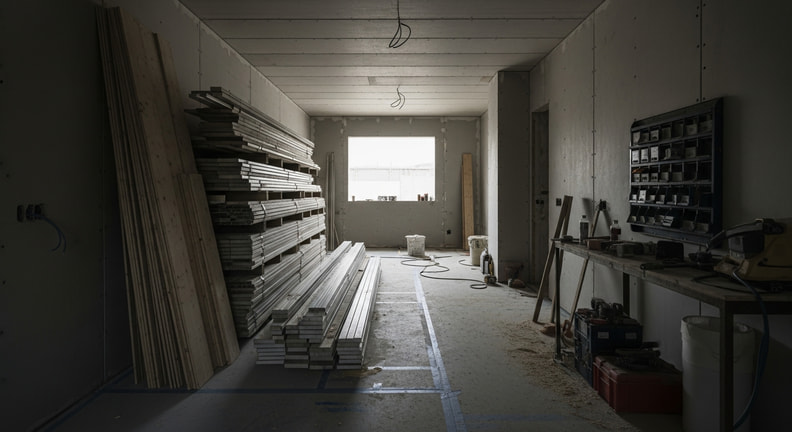 A tidy active residential construction site with materials neatly stacked, floors protected with covering and tools organized against a wall.