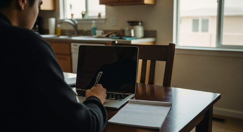 A person at a kitchen table writes onto a lined notepad beside an open laptop that is turned away, so nothing on the screen can be read.