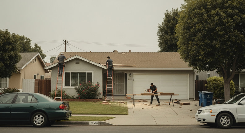 A small crew works on a residential remodel seen from across the street, with two people on ladders at the roofline and another cutting lumber on a stand in the driveway.